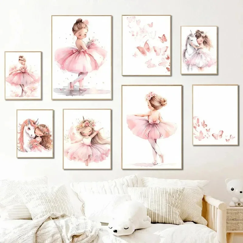 Baby Nursery Girl Room - Affiche de ballerine rose, licorne, papillon,