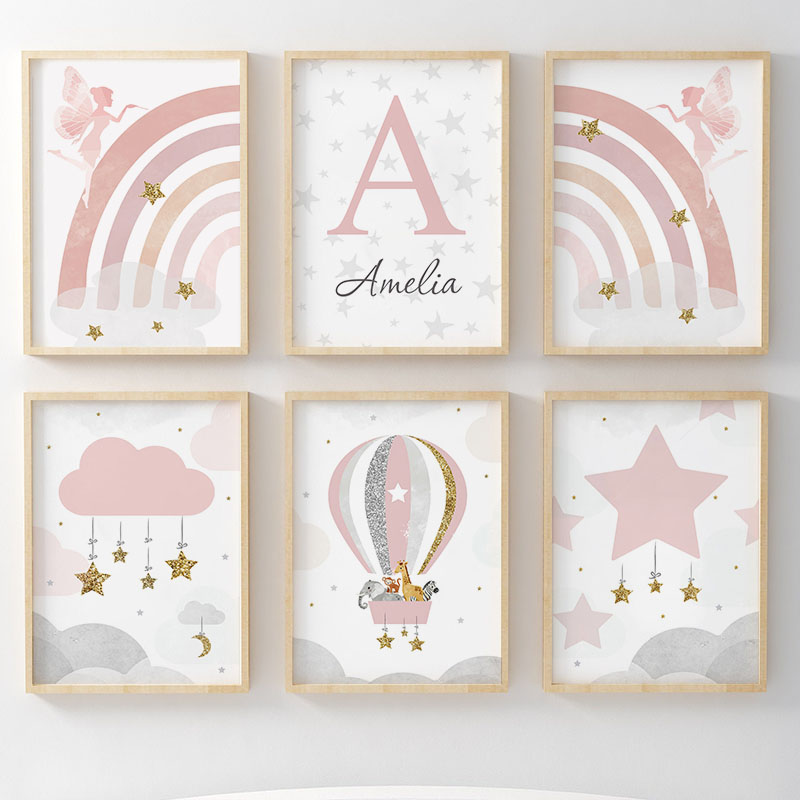 Baby Nursery Girl Room - Tableau mural Arc-en-ciel Fille Ange Rose,