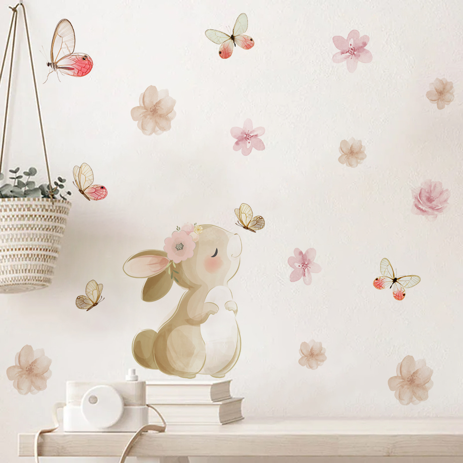 Baby Nursery Girl Room - Dessin animé lapin fleurs papillon autocollant