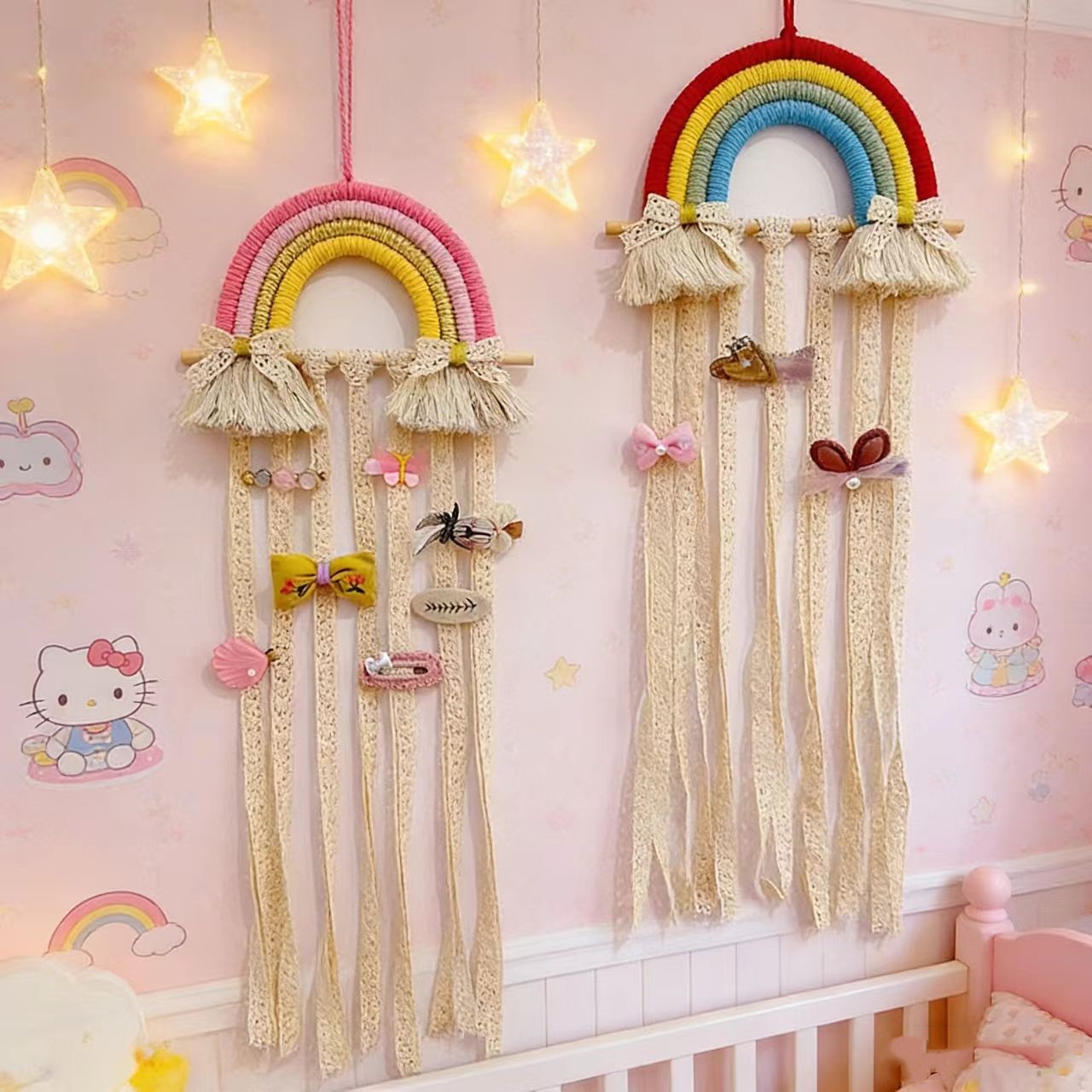 Baby Nursery Girl Room - Support mural en macramé arc-en-ciel pour